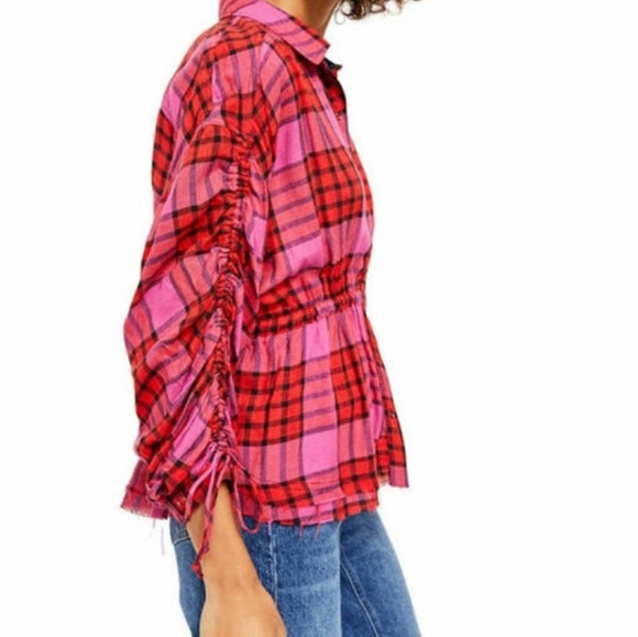 WOMENS FREE PEOPLE RED COMBO BLOUSE RED/PINK SIZE L - Picture 4 of 10